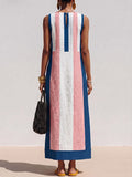 Women's Geometric Print Boat-neck Sleeveless Casual Loose Cotton-linen Dress