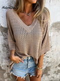 Women's Solid Color Stylish Hollow Long-sleeved V-neck Casual Knitted Top