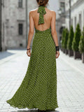 Retro Polka-dot Halter-neck Deep V-neck Pleated Maxi Dress