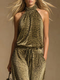 Leopard Print Sleeveless Top And Velvet Trousers Set