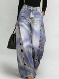 Women's Abstract Line Art Print Casual Stylish Hollow Denim Pants
