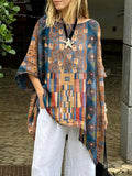 Women's Retro Geometric Pattern Art Print Casual Cotton Long Shirt