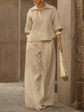 Women's Casual Linen And Cotton Shirt And Wide-leg Pants Two-piece Set