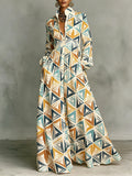 Retro Geometric Print Stand-collar Long-sleeve Shirt Dress