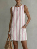 Women's Classic Striped Round-neck Sleeveless Pocket Dress