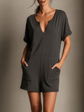 Women's Stylish V-neck Jumpsuit With Shorts (solid Color)