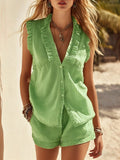 Vacation-style Ruffled Sleeveless Shirt + Cotton-linen Shorts Two-piece Set