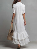 Women's Simple Ruffle-decorated Cotton And Linen Shirt Dress