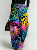 Women's Retro Geometric Color-blocking Patterns Printed Stylish Cutout Casual Denim Jeans