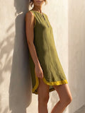 Olive Green & Lemon Yellow Trim Half-button Cotton-linen Sleeveless Straight Mini Dress