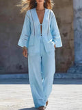 Women's Simple & Chic Two-piece Set: Tie-waist Open-knit Cardigan & Bottoms — Versatile For Commuting Or Vacation Leisure