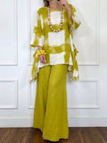 Loose-fit Casual Artistic Brushstroke Plaid Print Linen & Cotton Top And Pants Two-piece Set