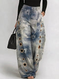 Women's Vintage Ink Wash Art Flowers Print Casual Fashion Cutout Jeans