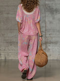 Women's Abstract Print V-neck Short-sleeve Loose-fit Top & Elastic-waist Wide-leg Pants Set