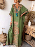 Women's Casual Loose Cotton-linen Dress With Placement Print V-neck And 3/4 Sleeves