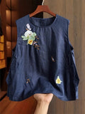 Casual Embroidered Linen And Cotton Sleeveless Top