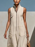Light Beige Textured Cotton-linen Stand Collar Front-zip Cargo Pocket Sleeveless Wide-leg Jumpsuit
