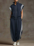 Women's Solid Color Stand-collar Short-sleeved Casual Loose Cotton Top And High-waisted Wide-leg Cotton Pants Set.
