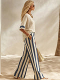 Beige Textured Cotton-linen Color-block Top & Blue-white Striped Elastic Waist Wide-leg Pants Set