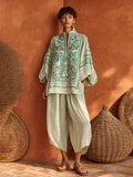 Bohemian Floral Print Linen And Cotton Two-piece Top And Pants Set