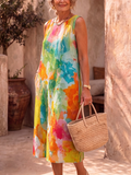 Romantic Watercolor Floral Print Cotton-linen Dress