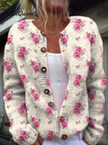 Watercolor French Rose Repeat Pattern Print Buttoned Cardigan Sweater