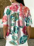 Women's Vintage Botanical Floral Casual Polo Collar Short-sleeved Linen And Cotton Shirt