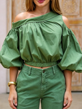 Casual Off-shoulder Cropped Cotton Shirt With Lantern Sleeves