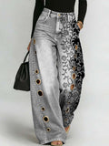 Women's Retro Floral Art Print Casual Stylish Hollow Denim Pants