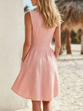 Women's Cotton-linen V-neck Button-front Sleeveless Loose Casual Dress