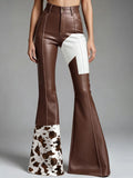 Western Cow Pattern PU Leather High Waist Bell Bottom Pants