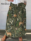 Lively Woodland Pattern Printed Women's Linen Pocket Skirt