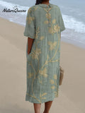 Women's Vintage Lovely Floral Art Print Casual Pocket Linen Dress（Convertible Dress With Front And Back Option）