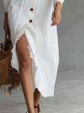 Elegant And Casual Lace Trim White Cotton And Linen Midi Dress