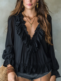 Cozy V-neck Ruffled Cotton-linen Shirt