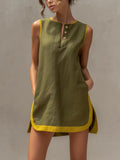 Olive Green & Lemon Yellow Trim Half-button Cotton-linen Sleeveless Straight Mini Dress