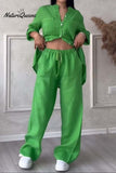 Casual solid color cotton and linen pants two-piece set