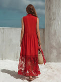 Red Textured Cotton-linen Button-front Lace Spliced Sleeveless Shirt Maxi Dress