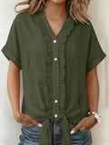 Women's Solid-Color Cotton-Linen Casual Short-Sleeve Button-Down Shirt with Ruffled Trim