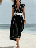 Women's Casual Vacation Line-decorated Sleeveless V-neck Dress