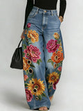 Women's Retro Flower Print Casual Fashion Cutout Jeans