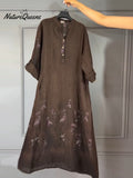 Women's Art Print Linen Cotton Buttons Dress