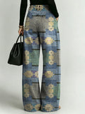 Women's Retro Pattern Printed Stylish Cutout Casual Denim Jeans