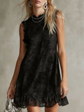 Women's Stand Collar Black Lace Sleeveless Mini Dress