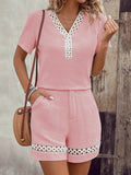 Women's V-neck Short-sleeve Loose-fit Top & High-waisted Wide-leg Shorts Set With Lace Splicing
