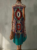 Colorful Exotic Totem Decorative Patterns Women's No Sleeve Bud Collar Linen Cotton Dress