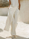 Women's Solid Color Art Stylish Casual Top And Pants Cotton Linen Two-piece Set
