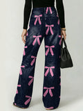 Pink Bow Decoration Pattern Women's Denim Pants