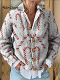 Festive Candy Cane Decorative Pattern Buttoned Cardigan Sweater