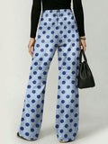 Retro Polka Dot Decorative Pattern Women's Casual Cotton Denim Pants